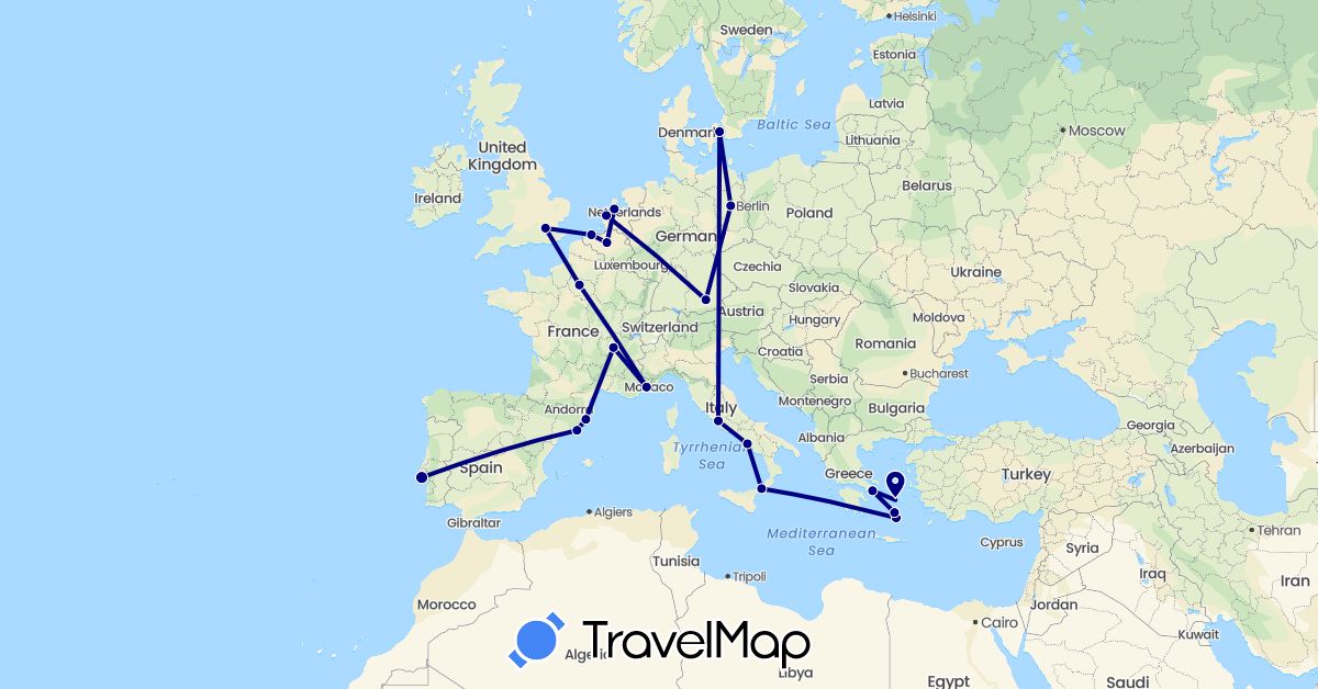 TravelMap itinerary: driving in Belgium, Germany, Denmark, Spain, France, United Kingdom, Greece, Italy, Netherlands, Portugal (Europe)